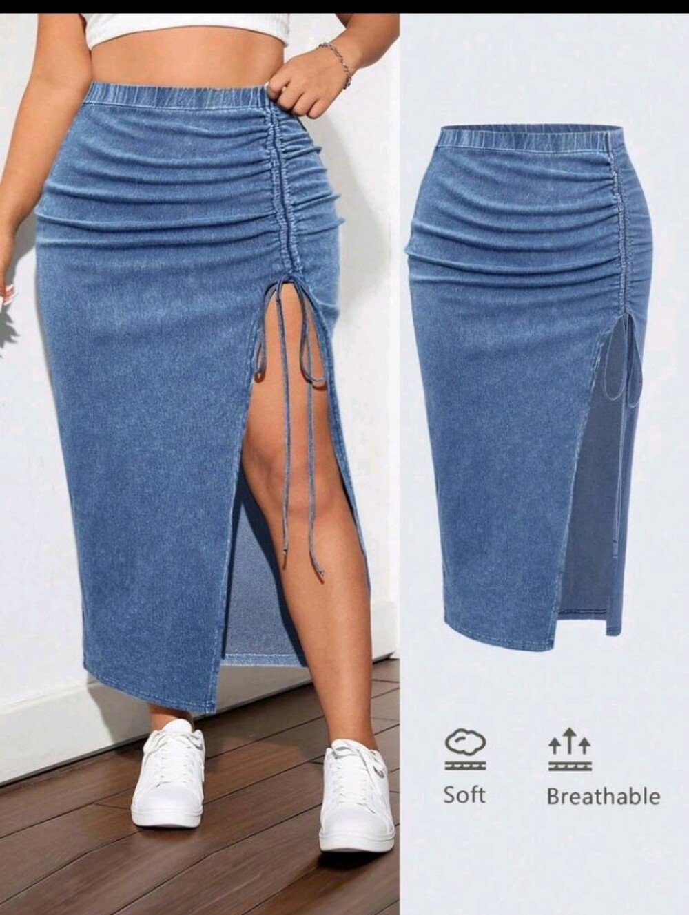 SHEIN Blue Ruched Drawstring Denim Midi Skirt with Side Slit